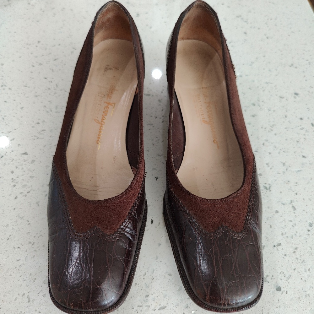 Salvatore Ferragamo 'embossed' Brown Leather Suede Pumps EU37